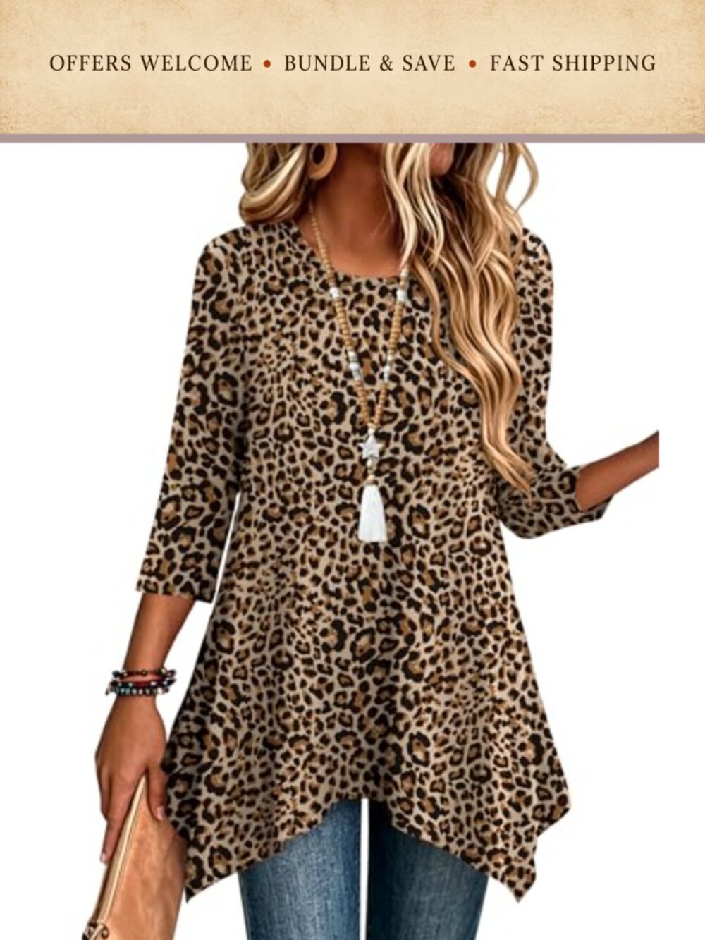 Womens 3/4 Sleeve Tunic Top Loose Fit Dressy Boho Shirt